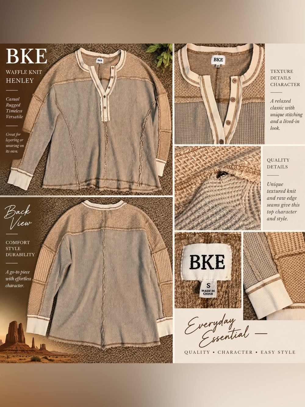 BKE Women's Two-Tone Cream and Beige Henley Knit Sweater